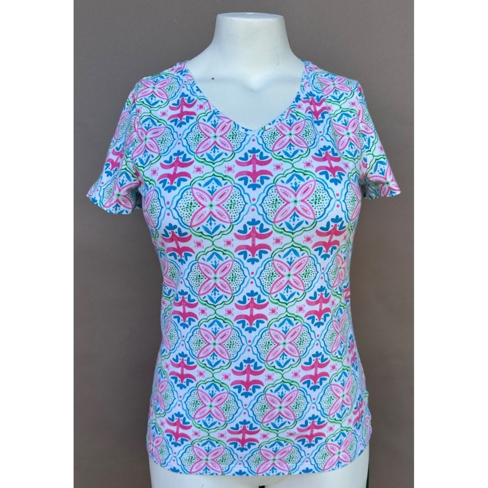 Talbots Tee Top Womens  M V-Neck Short Sleeve Pink Blue‎ Colorful Geometric Twee